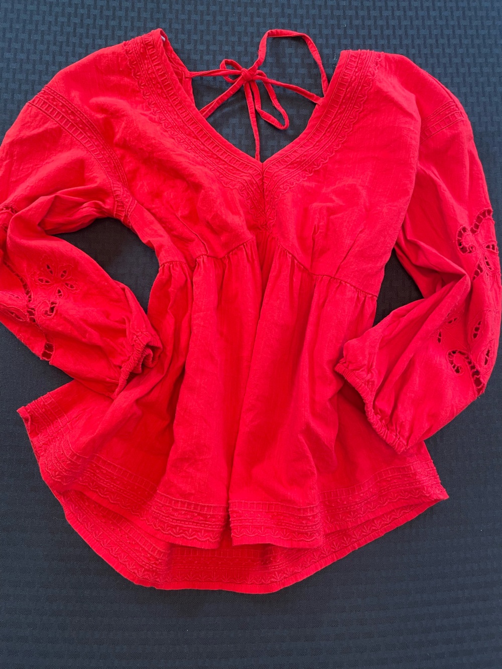 Time and Tru Bright Red Peasant Tie-Back Blouse